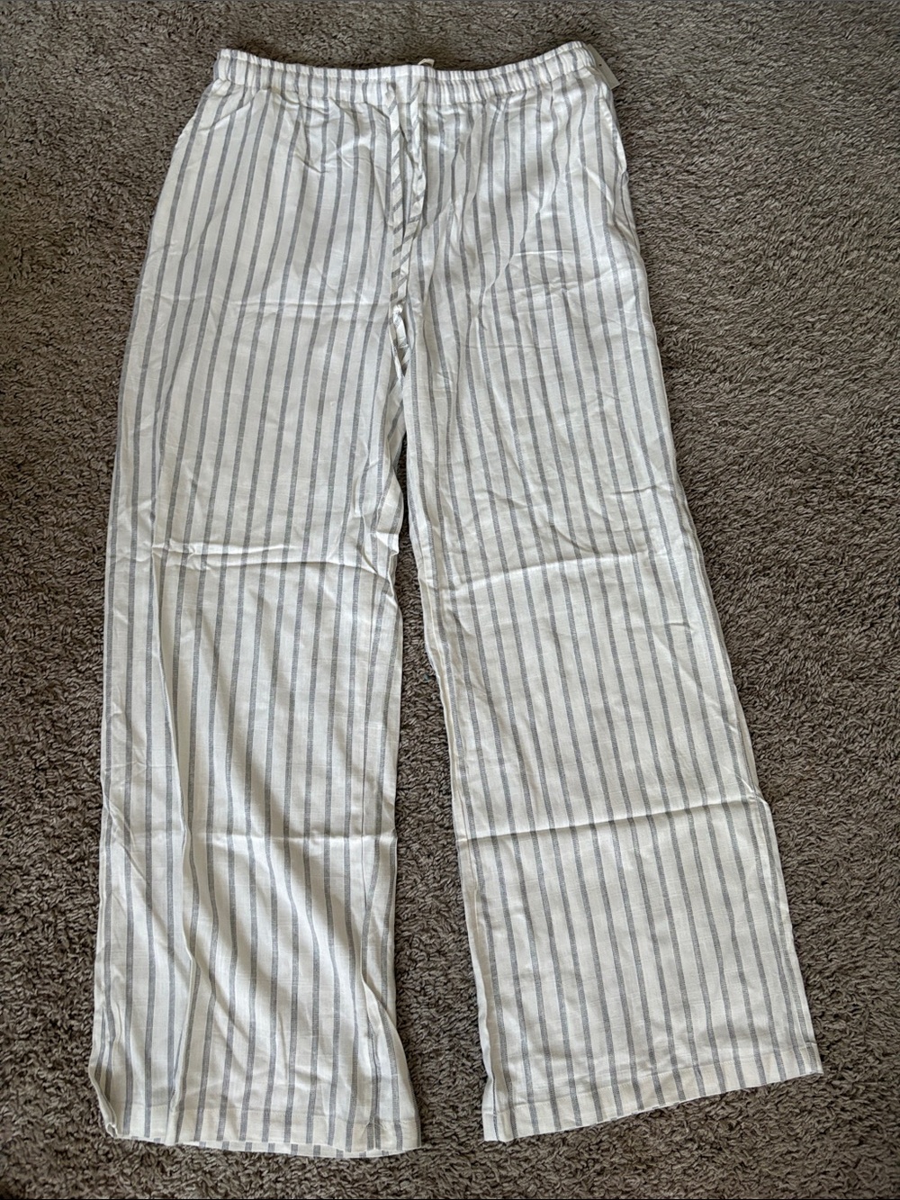 ROZAS Light Gray Striped Linen-Blend Pants